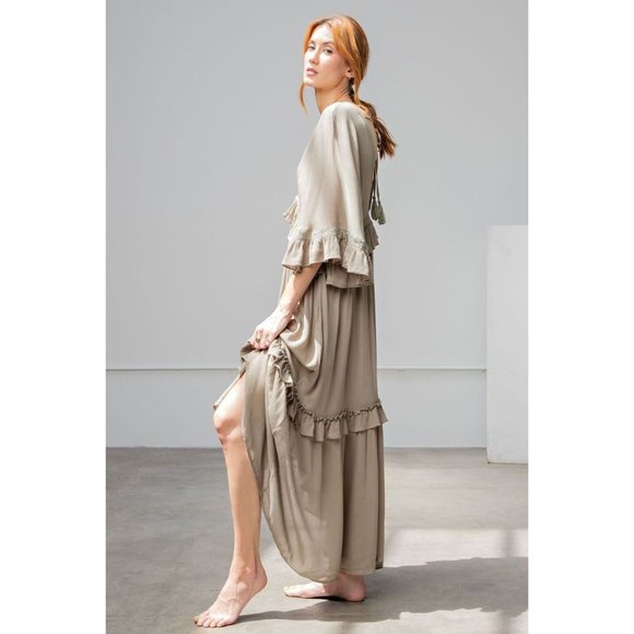 Easel Faded Olive Button Down Wing Sleeve Rayon Gauze Ruffled Edges Maxi Dress - Picture 3 of 8